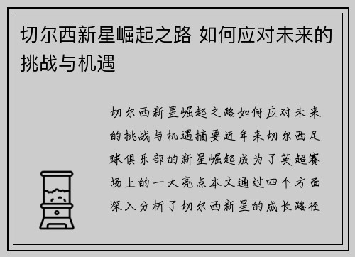 切尔西新星崛起之路 如何应对未来的挑战与机遇