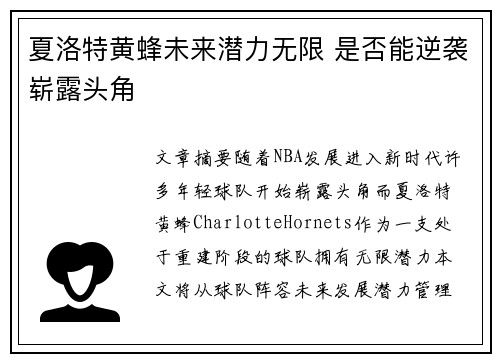 夏洛特黄蜂未来潜力无限 是否能逆袭崭露头角